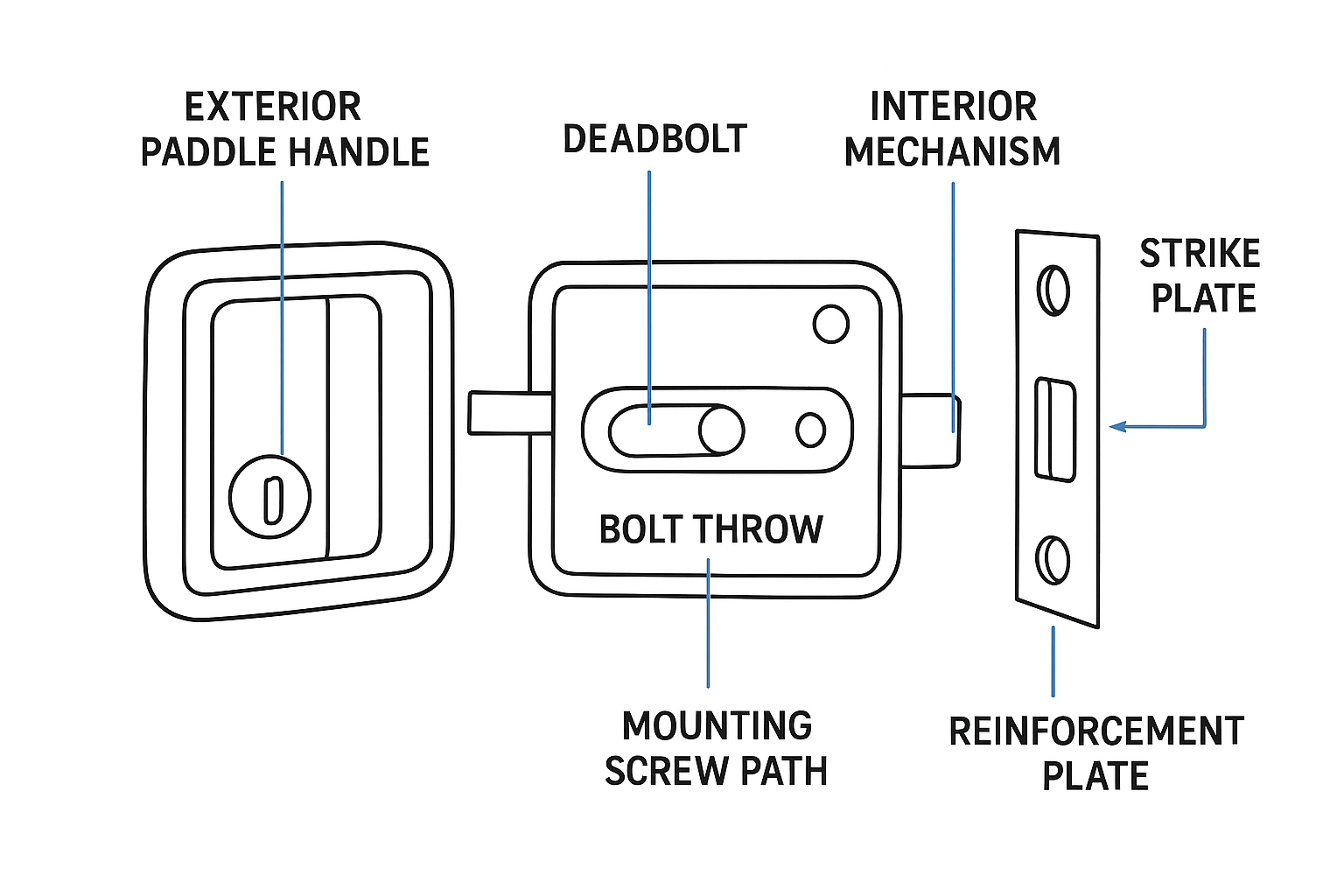 Annotated diagram of RV paddle deadbolt components: bolt throw, strike plate, reinforcement